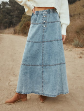 Layered Patchwork Denim Long Skirt GYAN-8943