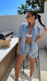 Loose Short Sleeve Denim Two Piece Shorts Set GYAN-8996