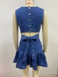 Sleeveless Slim Denim Pleated Mini Dress GYAN-89145