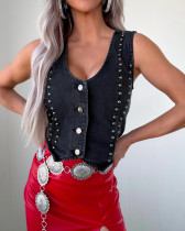 Sleeveless Studded V-Neck Denim Vest GYAN-8992