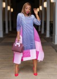 Stripe Print 3/4 Sleeve Loose Midi Dress XHXF-218
