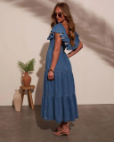 Off Shoulder Ruffles Denim Maxi Dress GYAN-89112