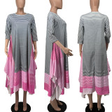 Stripe Print 3/4 Sleeve Loose Midi Dress XHXF-218