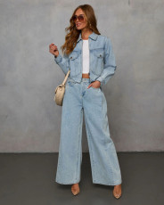 Fashion Denim Long Sleeve Two PIece Pants Set GYAN-8978