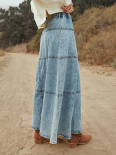 Layered Patchwork Denim Long Skirt GYAN-8943