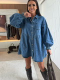Long Sleeve Loose Denim Shirt Dress GYAN-89233