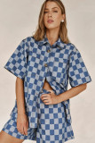 Plaid Print Short Sleeve Denim Two Piece Shorts Set GYAN-16883