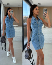 Sleeveless Single Breasted Denim Mini Dress GYAN-89110