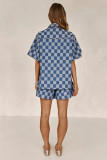 Plaid Print Short Sleeve Denim Two Piece Shorts Set GYAN-16883