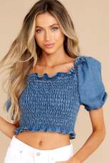 Solid Color Denim Short Sleeve Crop Top GYAN-22883