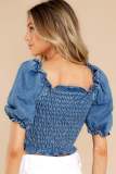 Solid Color Denim Short Sleeve Crop Top GYAN-22883