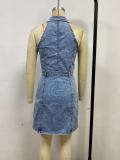 Sleeveless Single Breasted Denim Mini Dress GYAN-89110