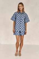 Plaid Print Short Sleeve Denim Two Piece Shorts Set GYAN-16883