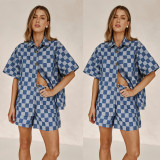 Plaid Print Short Sleeve Denim Two Piece Shorts Set GYAN-16883