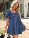 Square Puff-sleeve Tie Denim Mini Dress GYAN-13955