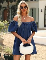 Square Puff-sleeve Tie Denim Mini Dress GYAN-13955