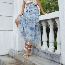 Mesh Floral Patchwork Denim Long Skirt GYAN-061