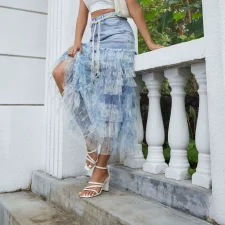 Mesh Floral Patchwork Denim Long Skirt GYAN-061