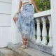 Mesh Floral Patchwork Denim Long Skirt GYAN-061