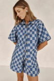 Plaid Print Short Sleeve Denim Two Piece Shorts Set GYAN-16883