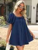 Square Puff-sleeve Tie Denim Mini Dress GYAN-13955