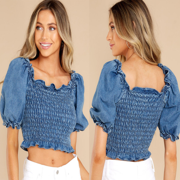 Solid Color Denim Short Sleeve Crop Top GYAN-22883