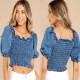 Solid Color Denim Short Sleeve Crop Top GYAN-22883