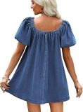 Square Puff-sleeve Tie Denim Mini Dress GYAN-13955