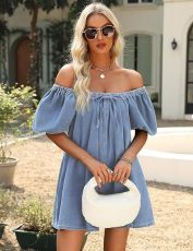Square Puff-sleeve Tie Denim Mini Dress GYAN-13955