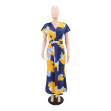 Print V Neck Ruchecd Maxi Dress GYLY-10998