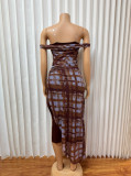 Plaid Print Off Shoudler Split Long Dress GADE-11206