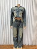 Fashion Long Sleeve Hooded Denim Two Piece Pants Set GADE-6722