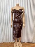 Plaid Print Off Shoudler Split Long Dress GADE-11206