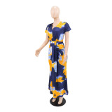 Print V Neck Ruchecd Maxi Dress GYLY-10998
