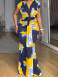 Print V Neck Ruchecd Maxi Dress GYLY-10998