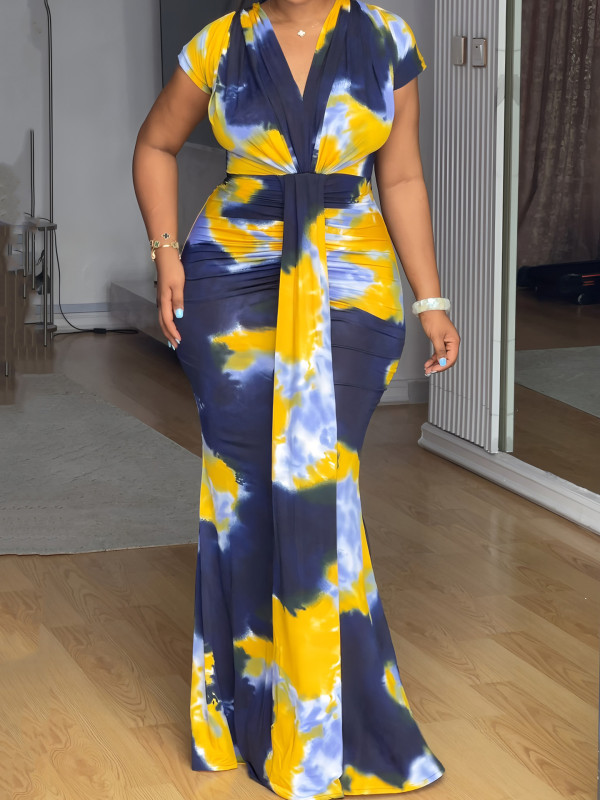 Print V Neck Ruchecd Maxi Dress GYLY-10998