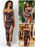 Plaid Print Off Shoudler Split Long Dress GADE-11206