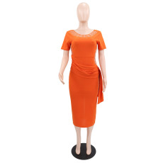 Rhinestones Patchwork Short Sleeve Midi Dress GYLY-11125