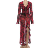 Deep V Neck Flare Sleeve Two Piece Skirts Set DLSF-K6S00276A