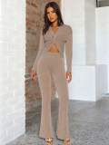 Long Sleeve V Neck Solid Color Pants Suit MIL-L258