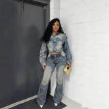 Fashion Long Sleeve Hooded Denim Two Piece Pants Set GADE-6722