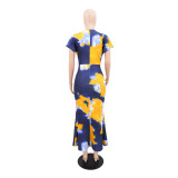 Print V Neck Ruchecd Maxi Dress GYLY-10998