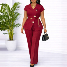 Plus Size Button Casual Short-Sleeve Top And Pants Two-Piece Set GATE-618