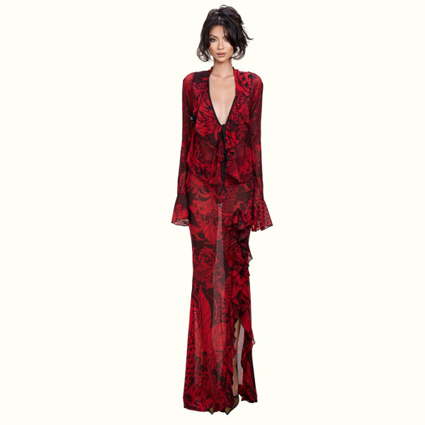 Deep V Neck Flare Sleeve Two Piece Skirts Set DLSF-K6S00276A