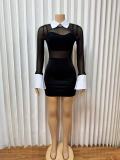 Lapel Mesh Patchwork Lapel Zipper Mini Dress GADE-11099