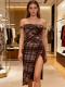 Plaid Print Off Shoudler Split Long Dress GADE-11206