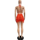 Solid Color Knits Tassel Hollow Out Skirts Suit CM-9560