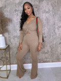 Long Sleeve V Neck Solid Color Pants Suit MIL-L258
