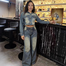 Fashion Long Sleeve Hooded Denim Two Piece Pants Set GADE-6722