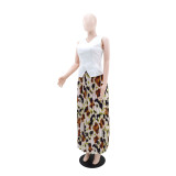 Solid Color Sleeveless Vest Print Pleated Long Skrits Suit GYLY-10928